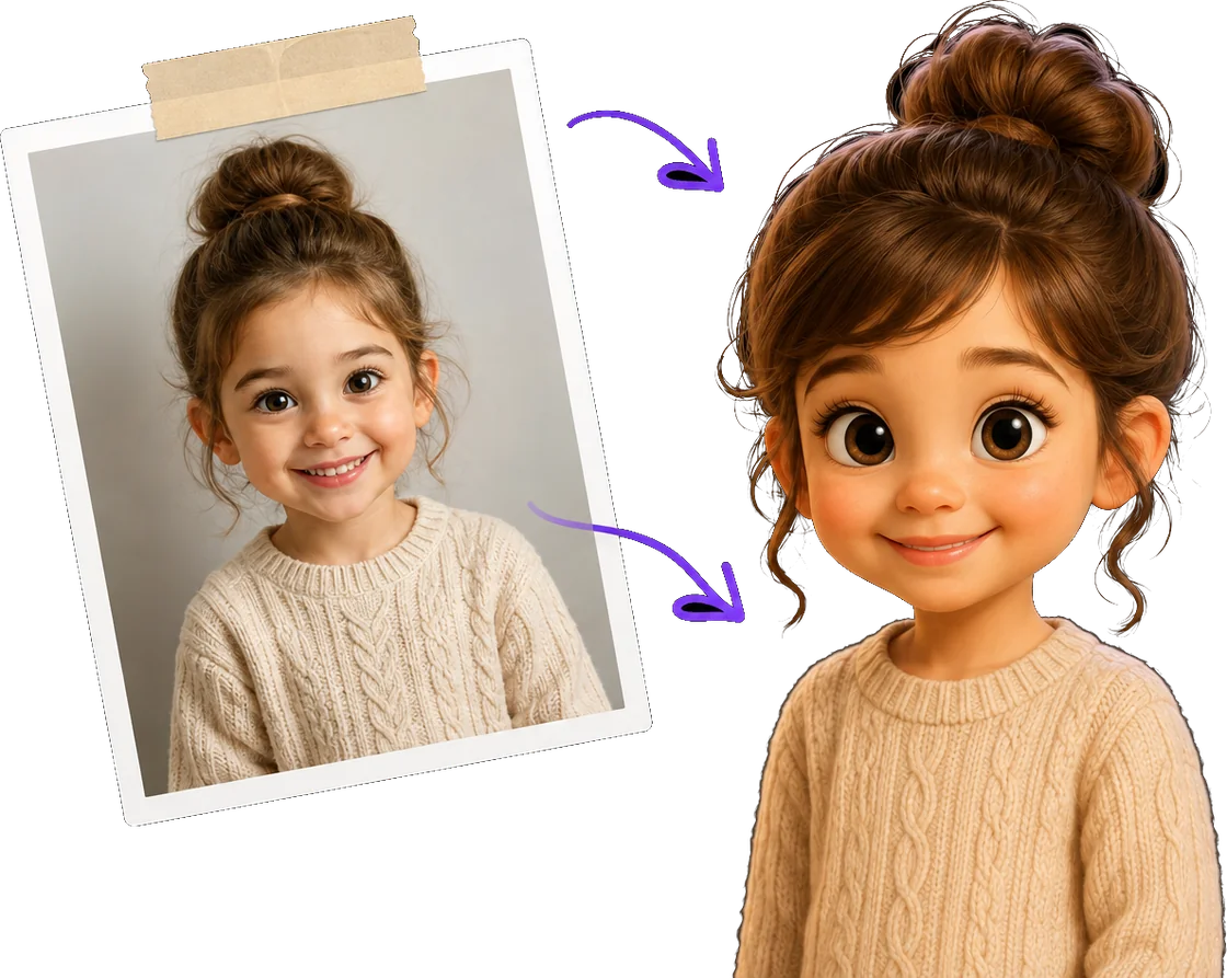 A child's photo transformed into a cartoon story character